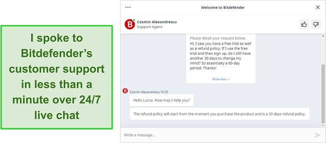 Screenshot of Bitdefender's 24/7 live chat agent answering a query