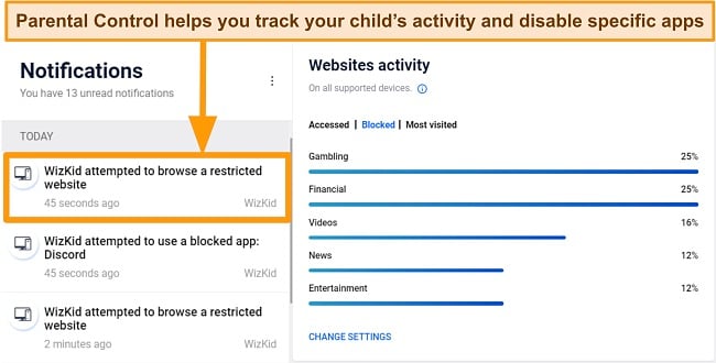 Screenshot of Bitdefender tracking another device's activity and disabling specific apps and sites