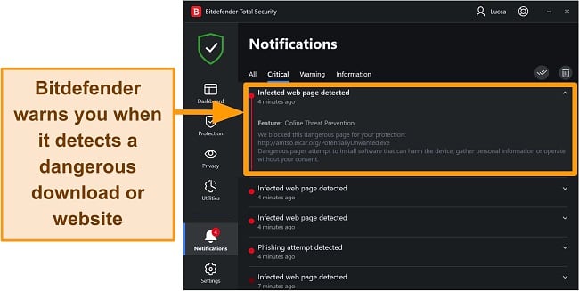 Screenshot of Bitdefender's notification screen showing multiple infections