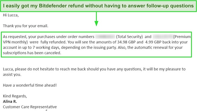 Screenshot of a successful refund request email from a Bitdefender support agent.