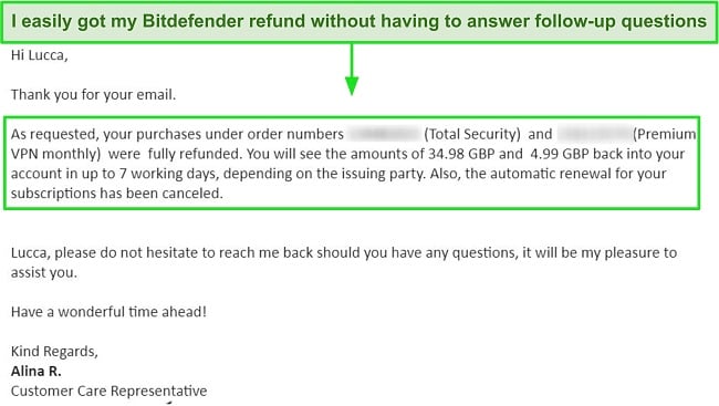 Screenshot of a successful refund request email from a Bitdefender support agent.