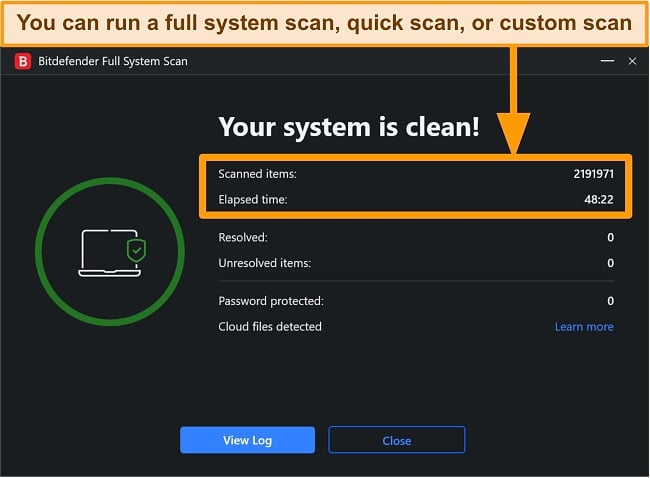 Screenshot of a completed Bitdefender system scan.