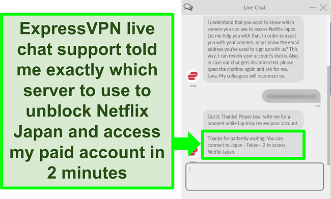 Screenshot of an exchange with ExpressVPN live chat support about servers to unblock Netflix Japan