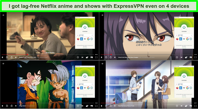 Screenshot showing Netflix Japan playing 4 different shows while ExpressVPN is connected to a server in Tokyo, Japan