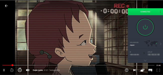 Screenshot of Code Lyoko streaming on Netflix Japan while PIA is connected to a server in Japan