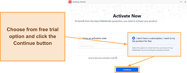 Screenshot showing how to activate the free trial during Bitdefender's setup