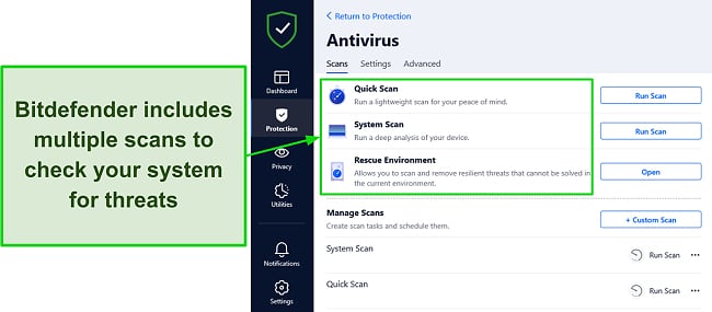 Screenshot of a Bitdefender Review showcasing the available scan options, providing a comprehensive range of scanning choices for users to ensure thorough system security.