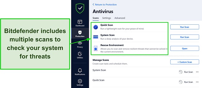 Screenshot of Bitdefender's scan options