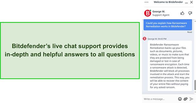 Screenshot of a conversation with Bitdefender's live chat support