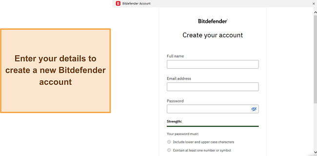 Screenshot showing the account creation step of Bitdefender's setup