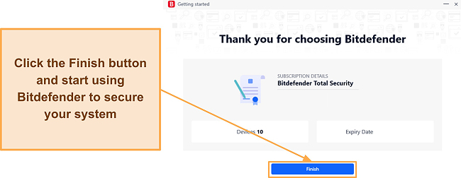 Screenshot showing how to finish Bitdefender's setup