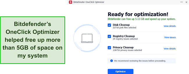 Screenshot of Bitdefender's optimization scan results