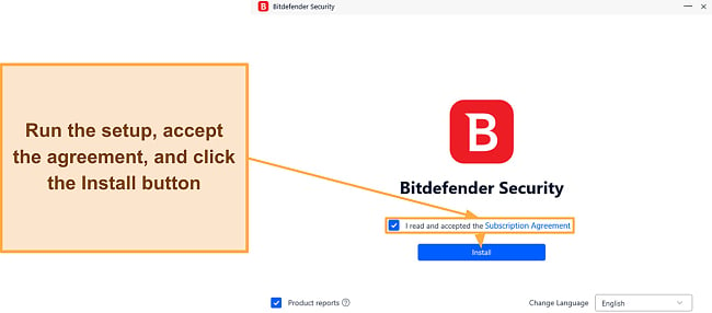 Screenshot showing the beginning for Bitdefender's setup