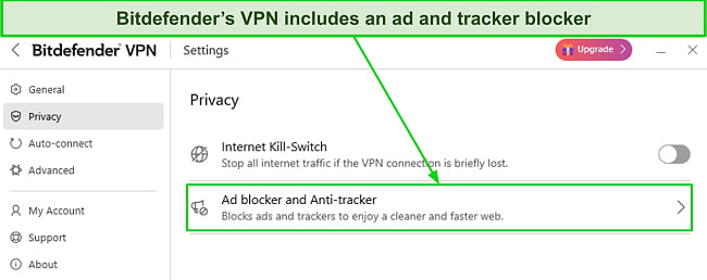 Screenshot of the anti-tracking and ad blocking feature in Bitdefender's VPN