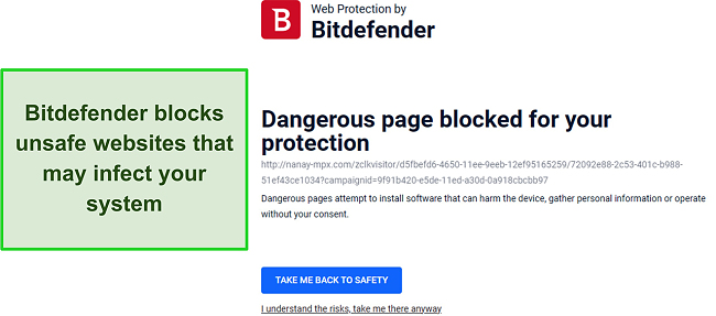 Bitdefender review showcasing the web protection feature actively blocking access to a potentially harmful website.