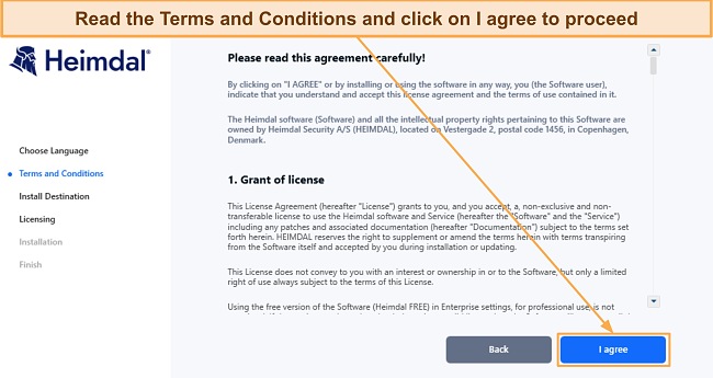 Screenshot showing the terms and conditions in Heimdal's setup