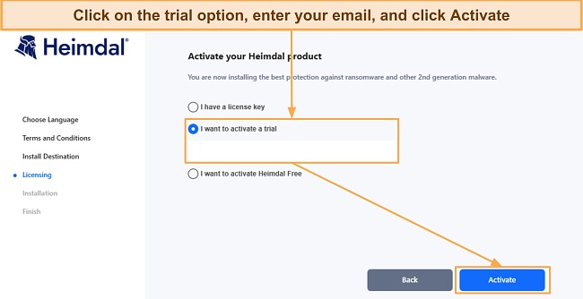 Screenshot showing the licensing part of Heimdal's setup