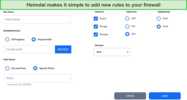 Screenshot showing how to add new rules to Heimdal's firewall
