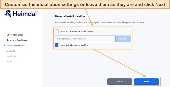  Screenshot showing the installation settings in Heimdal's setup