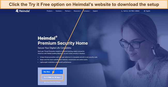 Screenshot showing how to download Heimdal's trial from its website