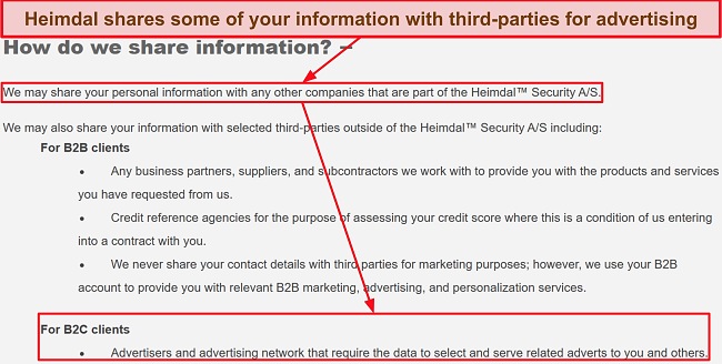  Screenshot of Heimdal's privacy policy mentioning it keeps some user data