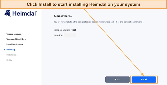 Screenshot showing that Heimdal is ready to install after trial activation