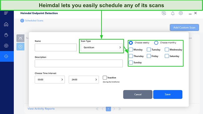 Screenshot of Heimdal's scan scheduling feature