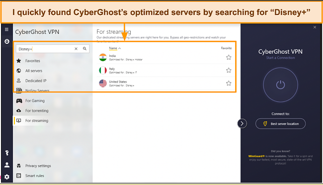 Screenshot of the CyberGhost app user interface showing optimized Disney+ servers