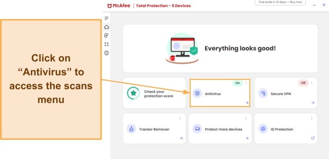 Screenshots showing how to access McAfee's virus scans