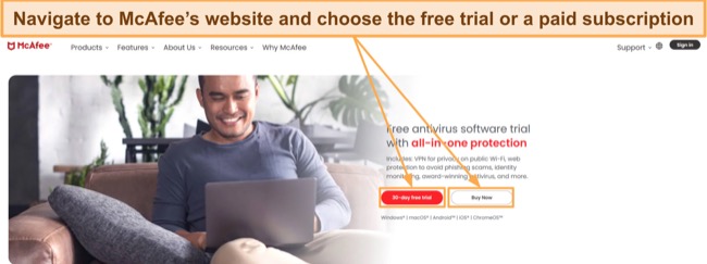 Screenshot showing how to choose a McAfee subscription