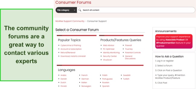 Screenshot of McAfee's community forums