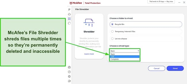 McAfee file shredding options screenshot