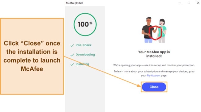 Screenshot showing how to finish McAfee's installation