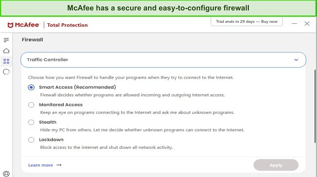 Screenshot showing McAfee's firewall customization options