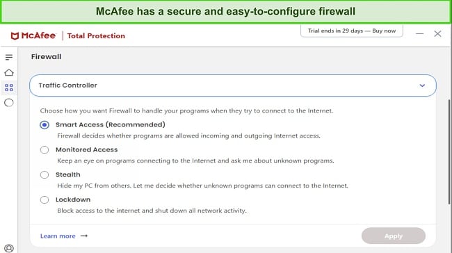 Screenshot of McAfee Antivirus Review Firewall Customization, illustrating options and settings for customizing firewall protection levels.