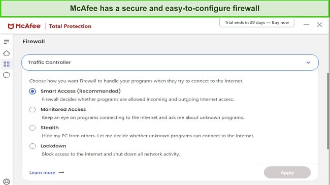 McAfee’s firewall offers airtight security against cyber threats.