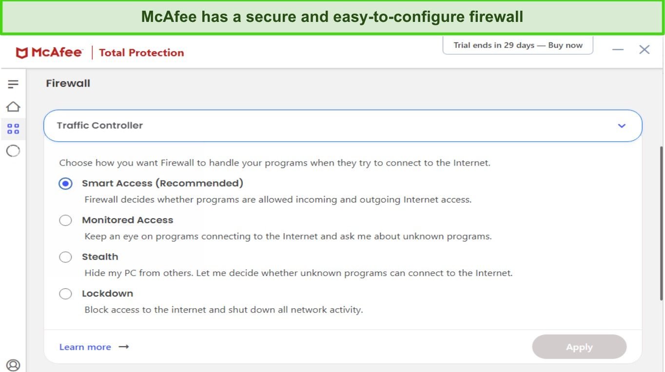 Screenshot of McAfee's firewall's traffic controller settings