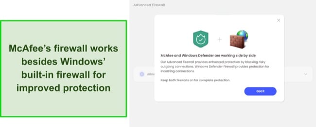 Screenshot showing McAfee's firewall works with Windows' built-in firewall