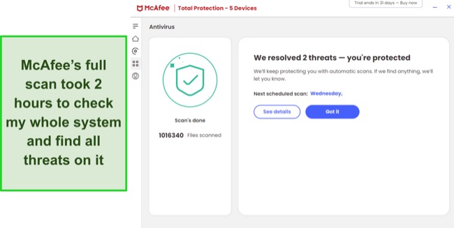Screenshot showing McAfee's full scan results