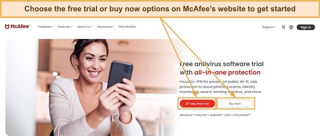 Choose McAfee free trial screenshot