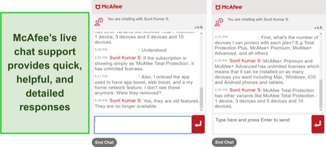 Screenshot of a conversation with McAfee's live chat support