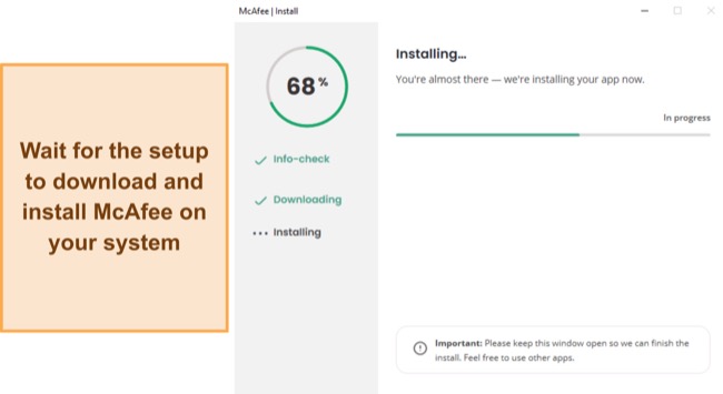 Screenshot showing McAfee's installation in progress