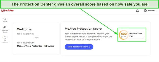 Screenshot of a security score given by McAfee's Protection Center
