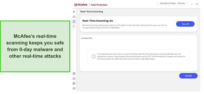 McAfee app showing real-time protection scanning on