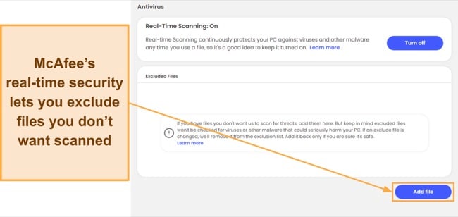 Screenshot showing the file exclusion option in McAfee's real-time security menu