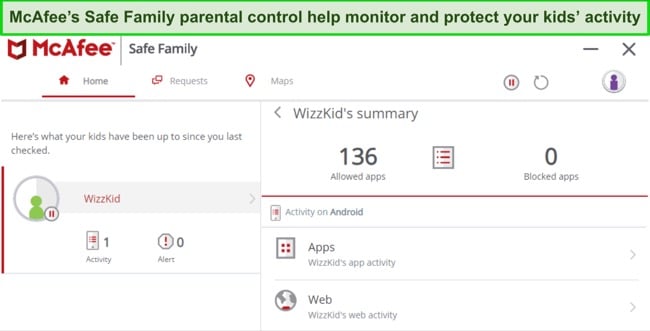 Screenshot of McAfee's parental control interface