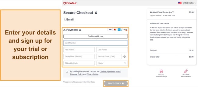 Screenshot showing how to sign up for McAfee