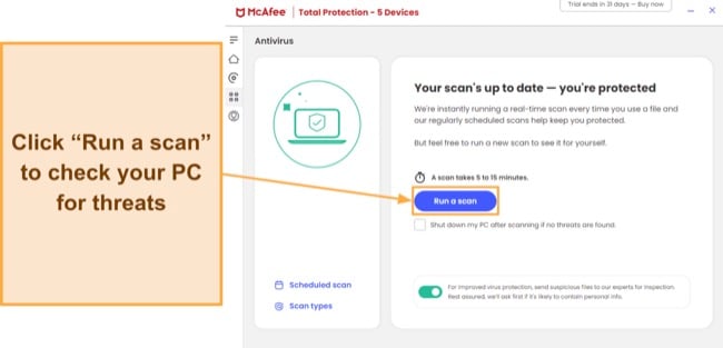 Screenshot showing how to start a scan with McAfee