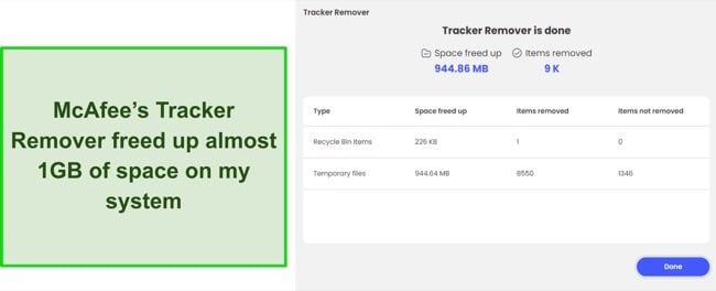 Screenshot of McAfee's Tracker Remover freeing close to 1GB of space