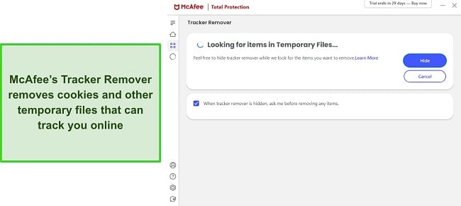 McAfee Tracker Remover removes cookies and temporary files screenshot